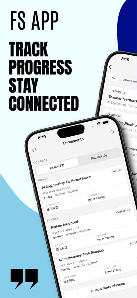 FS App showing enrollments and class schedule on a phone